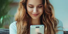 Banner zeigt eine zufriedene und lächelnde Smartfone-Nutzerin, die mit Chatbots interagiert.
