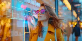 Banner zeigt wie eine Frau mit digitaler Unterstützung eines Chatbots Informationen zu bestimmten Produkten sammelt